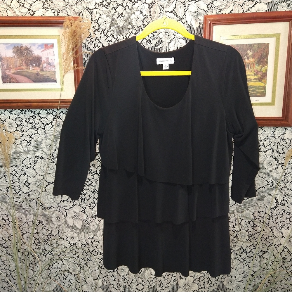 Susan Graver black blouse liquid knit style 3 tier 3/4 sleeve stretchy material